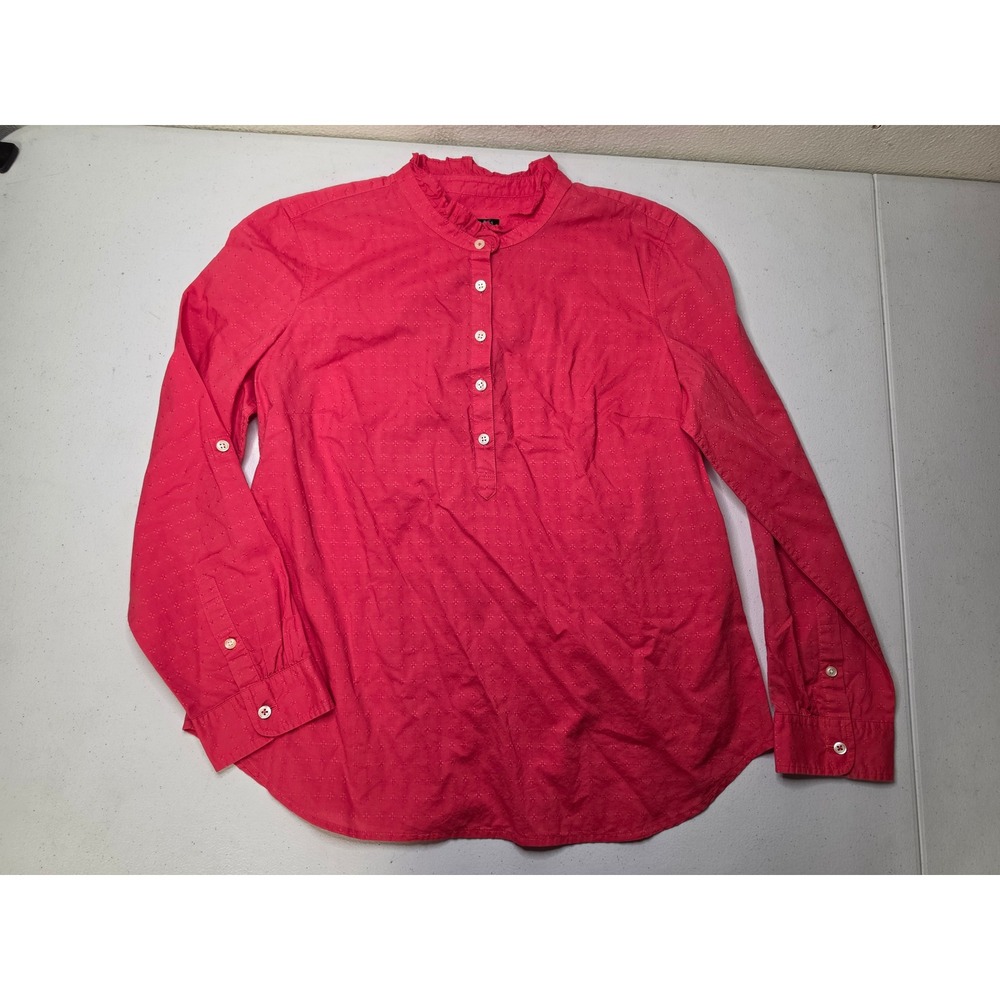 Talbots Petites Pink Ruffle Collar Dobby Star Blouse MP Long Roll Tab Sleeve